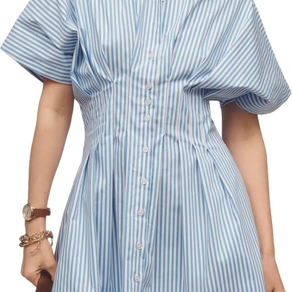 Women’s Cotton Short Sleeve Button Front Pleated Mini Dress Casual Y2K - Picture 1 of 7